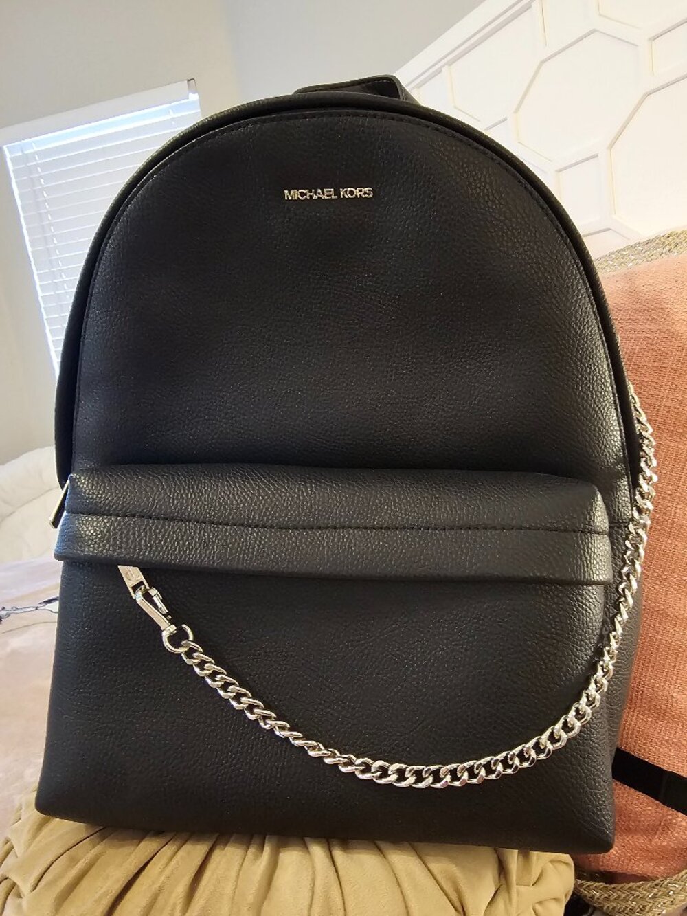 Michael Kors Jaycee Large Pebbled Leather Backpack Black Silver Chain Accent